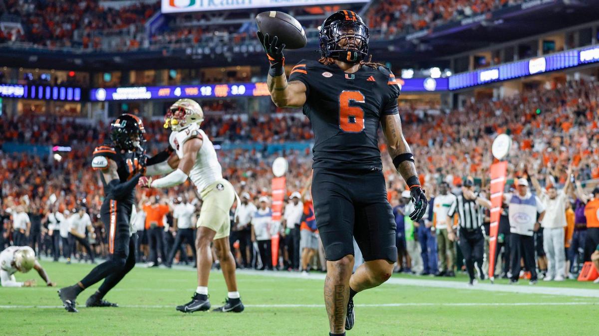 Miami Hurricanes running back Damien Martinez (6) against the Florida State Seminoles in the first half during an NCAA football game at Hard Rock Stadium in Miami Garden, Florida on Saturday, October 26, 2024.
