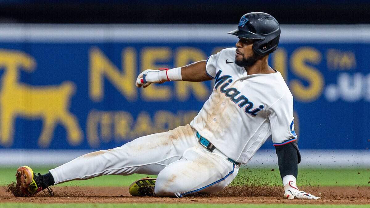 Miami Marlins shortstop Otto Lopez (6) slides into second base in the fifth inning of their MLB game against the Seattle Mariners at loanDepot park on Wednesday, July 8, 2026, in Miami, Fla.