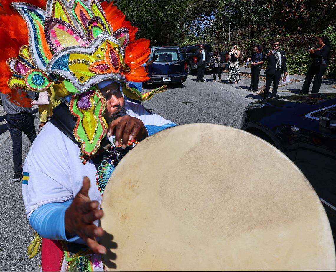Members of Junkanoo band performs as the hearse make its way to her final resting place after four generations of family members, dignitaries, politicians, friends, and Coconut Grove residents gathered Friday at Christ Episcopal Church to honor Thelma Gibson, a community leader who died 10 months before her 100th birthday. The service was held at the church where Gibson was baptized on Friday, February 27, 2026, in Miami, Florida.