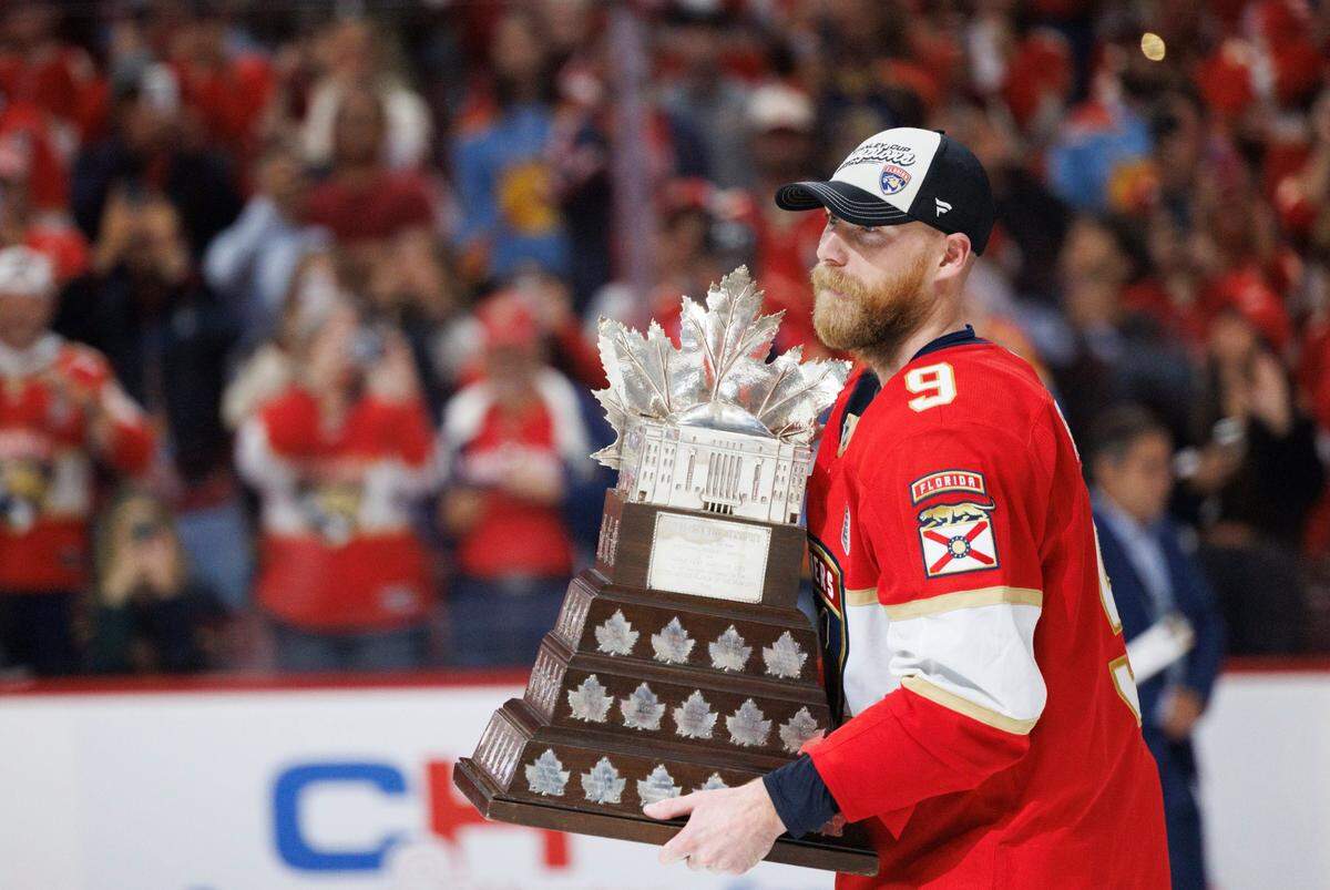 Florida Panthers center Sam Bennett holds the Conn Smythe trophy he was awarded after his team won the Stanley Cup Final at Amerant Bank Arena on Tuesday, June 17, 2025 in Sunrise, Fla. 