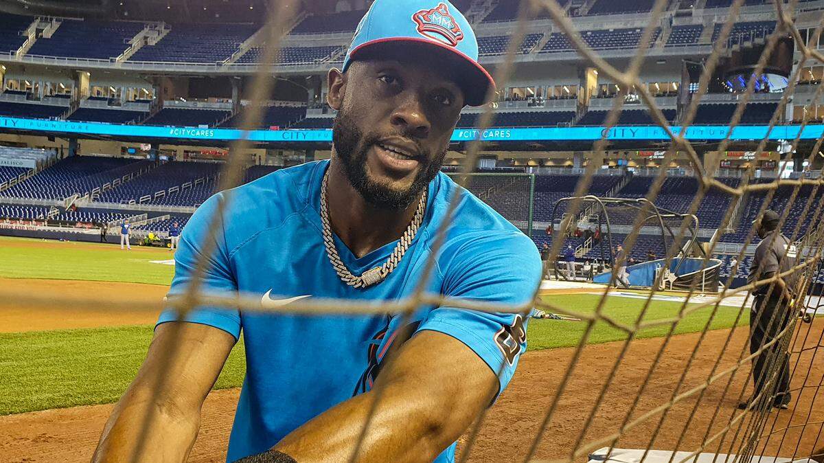 Miami Marlins outfielder Starling Marte talks with reporters prior to their game against the New York Mets on Friday, May 21, 2021, at loanDepot park.