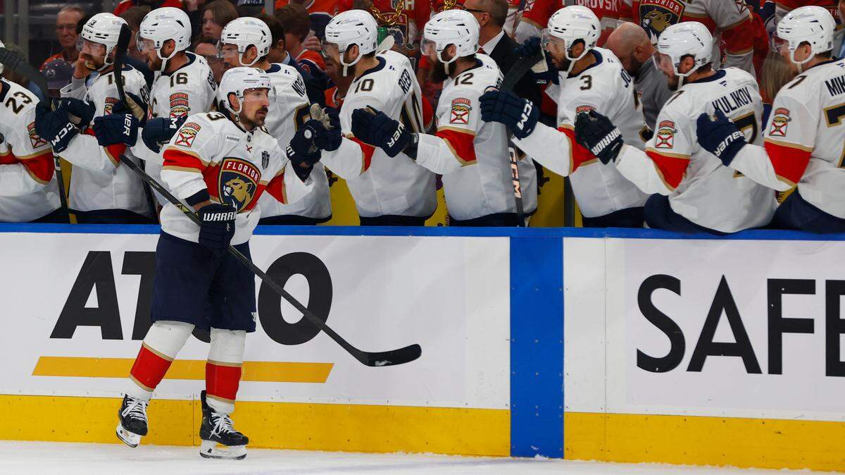 Jun 14, 2025; Edmonton, Alberta, CAN; Florida Panthers forward Brad Marchand (63) celebrates scoring during the first period against the Edmonton Oilers in game five of the 2025 Stanley Cup Final at Rogers Place. Mandatory Credit: Perry Nelson-Imagn Images