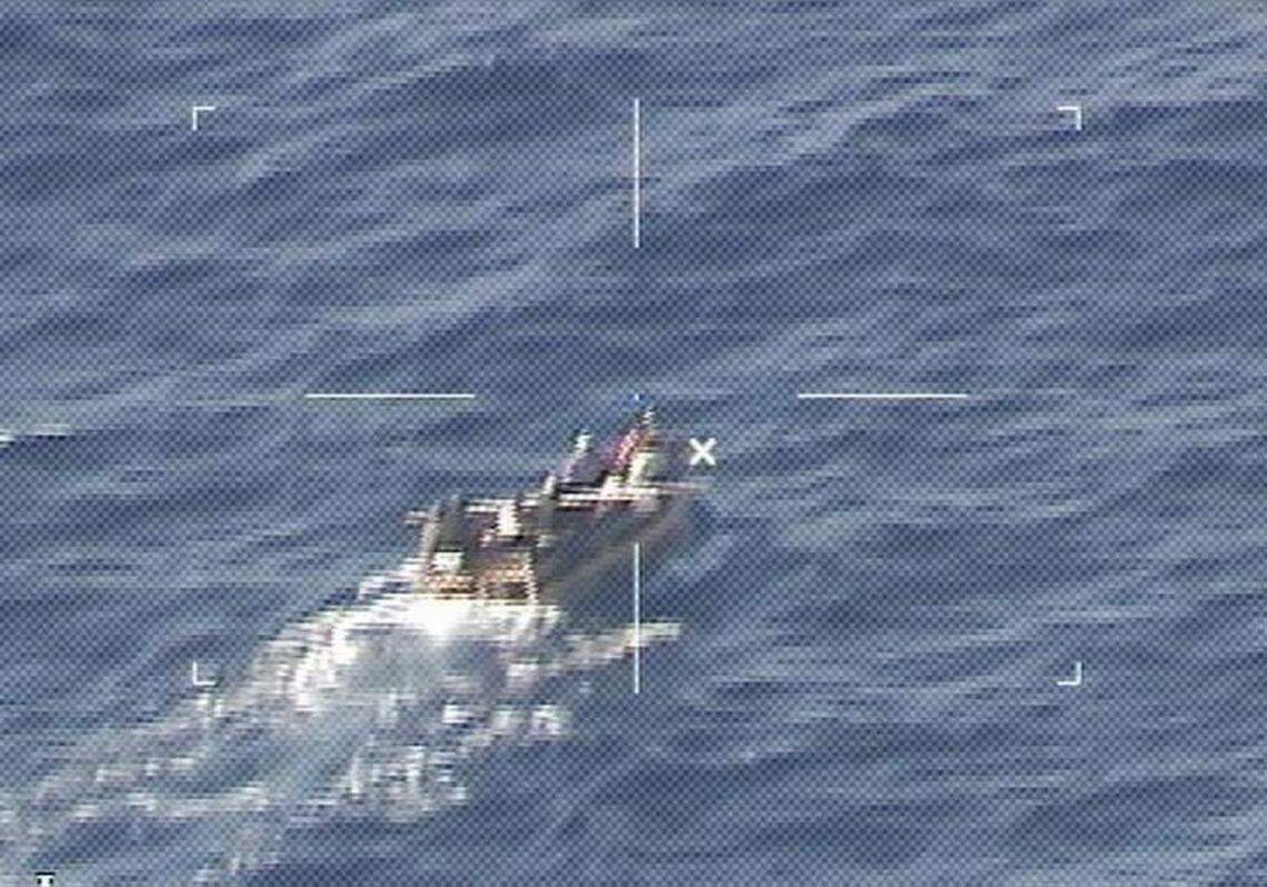 A Coast Guard Air Station Miami HC-144 Ocean Sentry aircrew spots a vessel about 54 miles southwest of the Marquesas Keys on Sept. 26, 2021. Nine Cubans were transferred to Cuban authorities on Oct. 1.