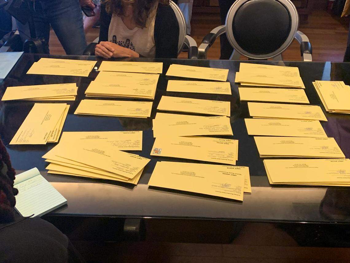 The majority of owners at 1060 Brickell, about 80%, are international investors. Many owners flew in from across the globe to cast their ballot on Saturday, including from Argentina, Colombia and Venezuela. Above: A photo of envelopes holding owners’ votes at 1060 Brickell on Saturday, November 30.