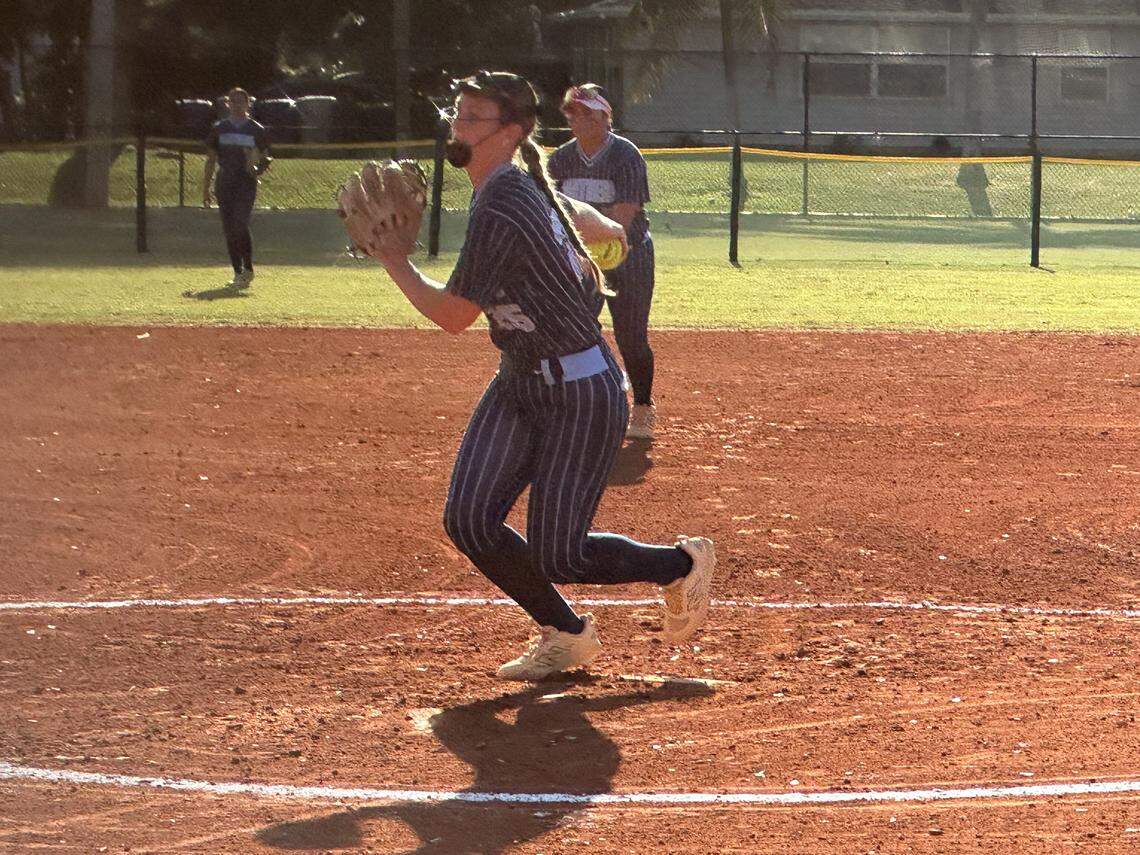 Coral Springs Charter’s Courtney Wahlbrink pitches against Cardinal Gibbons in Wednesday night’s BCAA Big 8 championship game at Pompano Four Fields Park in Pompano Beach, Fla.
