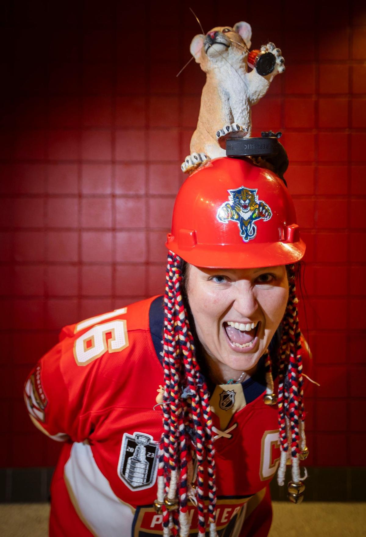 Laurel Serra shows off her outfit during a watch party at the Amerant Bank Arena. She was there to see her team play against the Edmonton Oilers in Game 4 of the NHL Stanley Cup Final