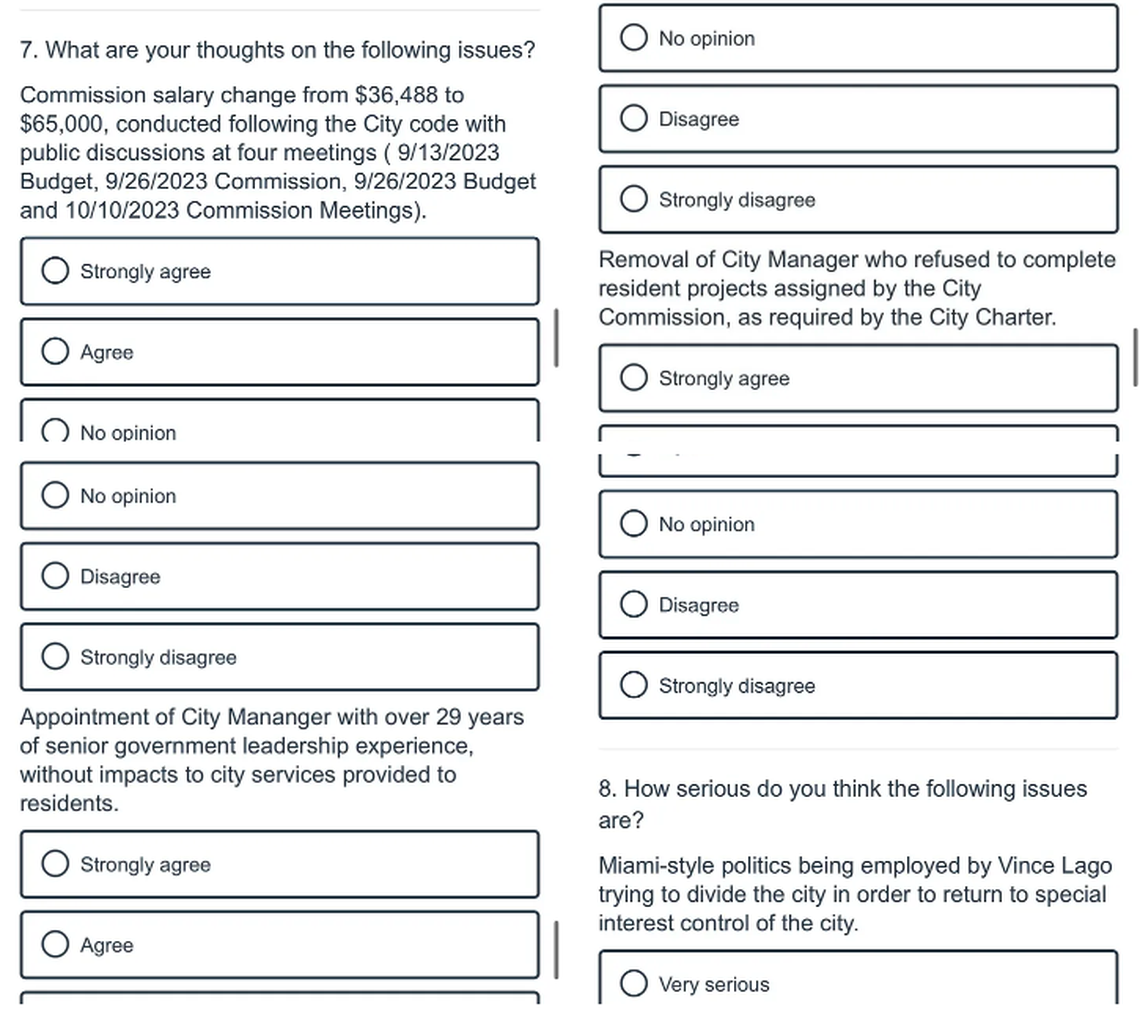 A screenshot provided to the Miami Herald shows some of the questions that appeared in political surveys that were sent to Coral Gables residents from a group called People Count USA.