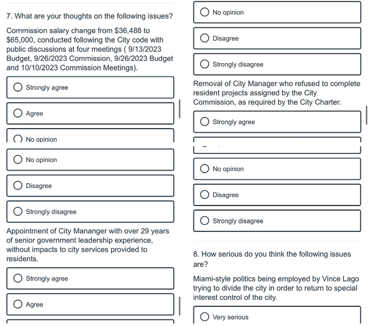 A screenshot provided to the Miami Herald shows some of the questions that appeared in political surveys that were sent to Coral Gables residents from a group called People Count USA.