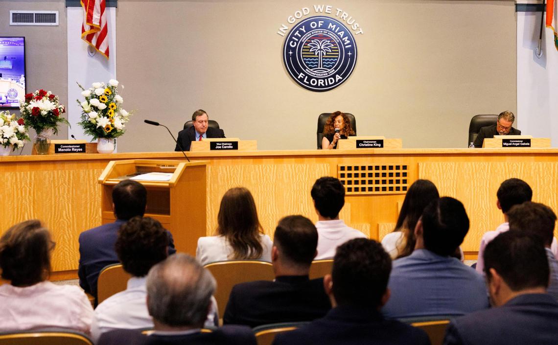 City commissioners attend a special meeting to decide how to fill the seat vacancy of Commissioner Manolo Reyes on Thursday, April 17, 2025, at Miami City Hall in Coconut Grove.