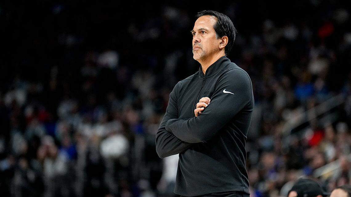 Head coach Erik Spoelstra of the Miami Heat looks on against the Detroit Pistons at Little Caesars Arena on January 01, 2026 in Detroit.