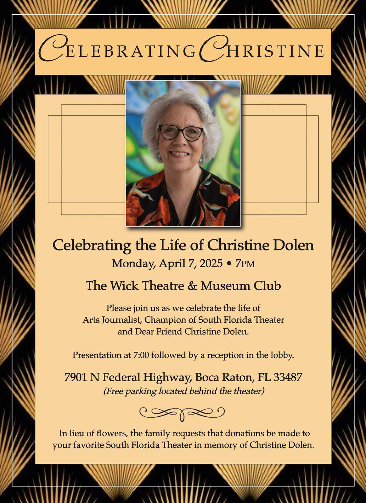 Details on Christine Dolen’s memorial service on April 7, 2025, in Boca Raton.