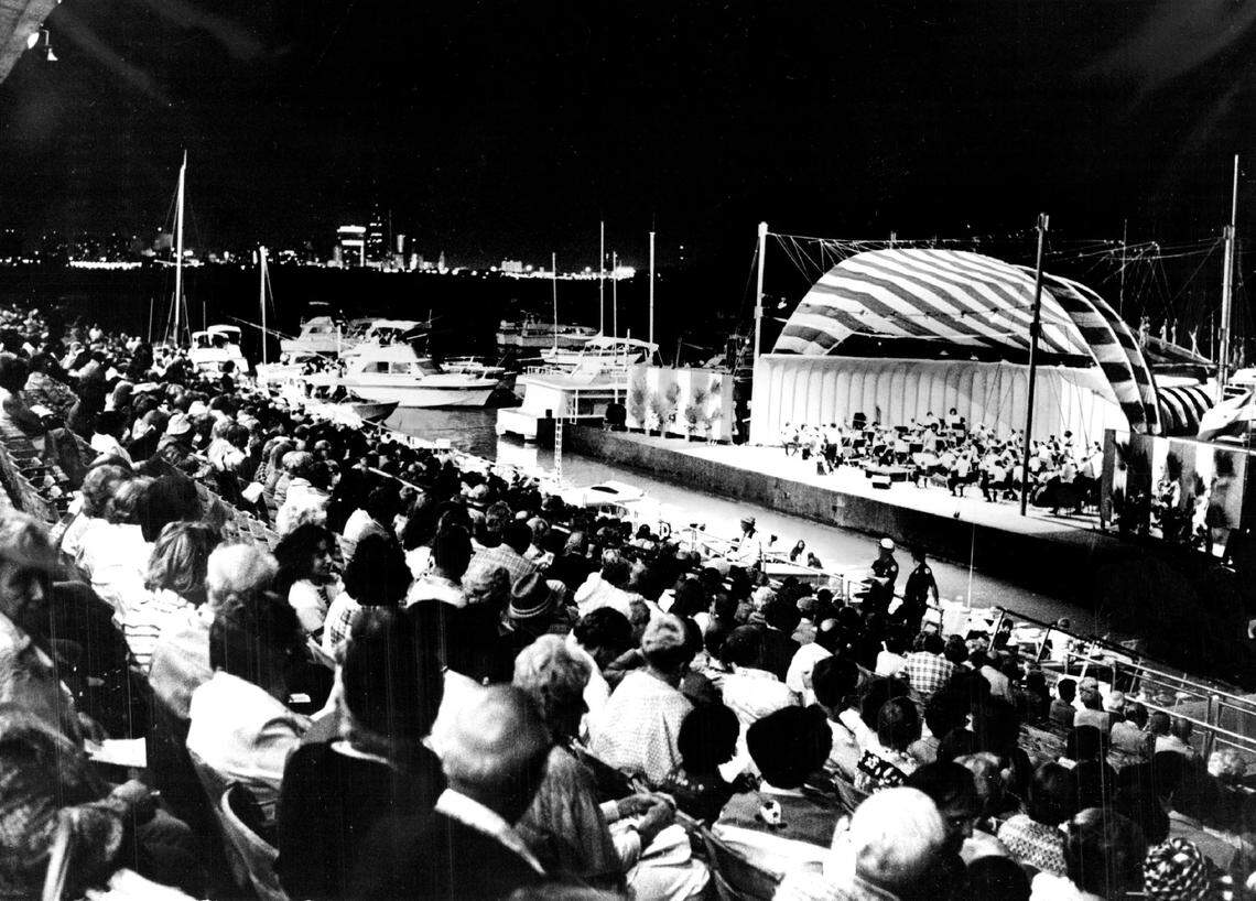 A tourism photo in the 1970s of Miami Marine Stadium extolling it as a “unique facility seating 6,538” and offering “diverse entertainment. Including power boat regattas, concerts, graduations, meetings, boxing and wrestling matches.”