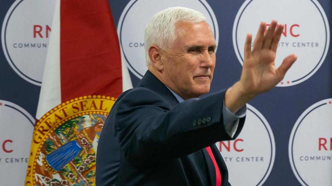 Former Vice President Mike Pence waves to the crowd after giving a speech at the Republican National Committee’s newly opened Jewish Community Center in Boca Raton on Monday.