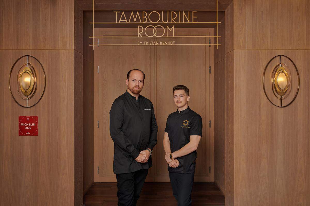 Chef Tristan Brandt and chef de cuisine Logan McNeil outside Tambourine Room by Tristan Brandt in Miami Beach.