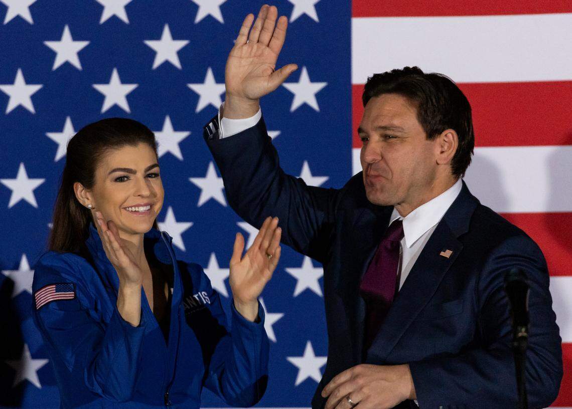 Florida Governor Ron DeSantis and his wife, Casey DeSantis, react during a caucus watch party at the Sheraton West Des Moines Hotel on Monday, Jan. 15, 2024, in West Des Moines, Iowa. Former President Donald Trump placed first in the Iowa Caucuses Monday night.