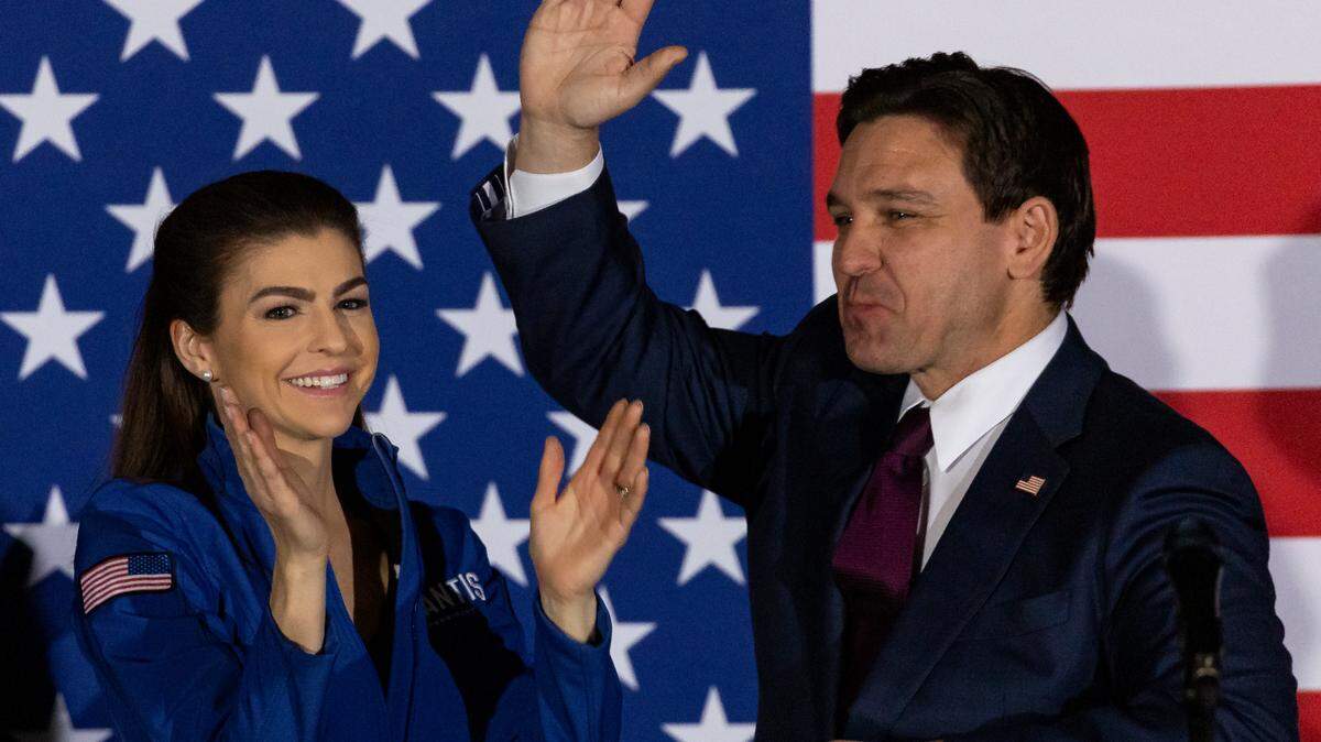 Florida Governor Ron DeSantis and his wife, Casey DeSantis, react during a caucus watch party at the Sheraton West Des Moines Hotel on Monday, Jan. 15, 2024, in West Des Moines, Iowa.