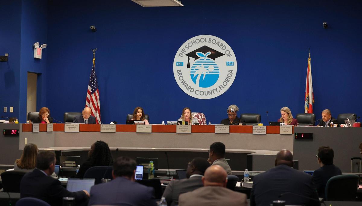 The Broward County school board takes a moment of reflection for the lives lost in the Parkland shooting, including the chair’s daughter, Alyssa Alhadeff, and the vice chair’s husband, Chris Hixon, during a Broward County School Board meeting on Wednesday, Feb. 15, 2023, in Fort Lauderdale.