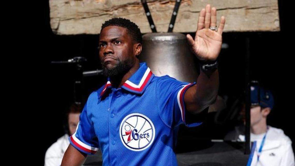 Actor and comedian Kevin Hart comes out to ring the bell before Game 2 of a first-round playoff series between the Miami Heat and the Philadelphia 76ers on Monday in Philadelphia.