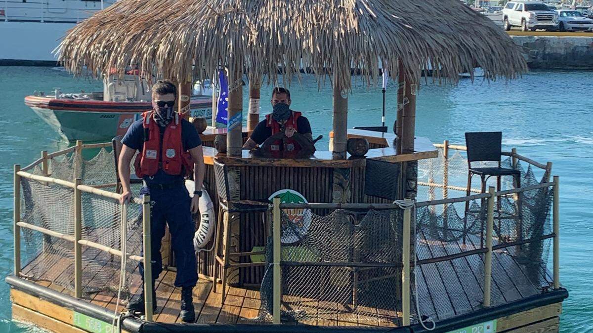 The U.S. Coast Guard found a stolen tiki hut boat off Key West on Jan. 13, 2021. A man was alone on the boat and taken to jail.