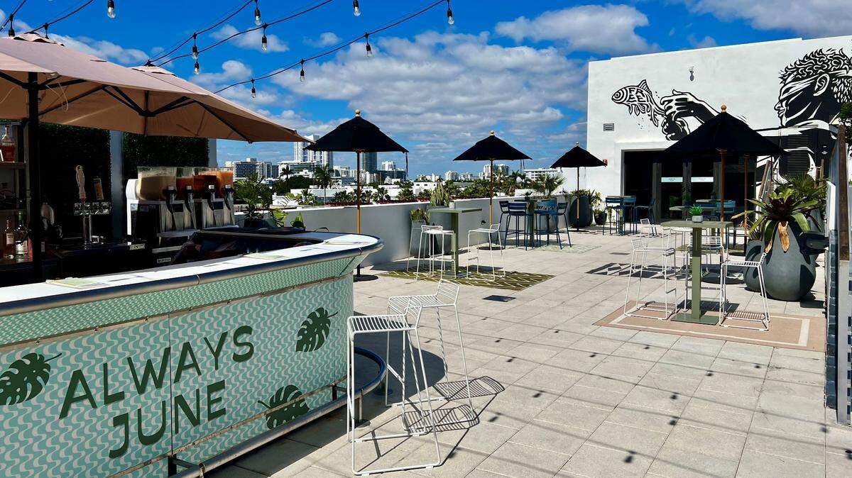 Always June, the rooftop bar at Kimpton Angler’s South Beach hotel, is now open for light bites, sandwiches, cocktails — and a view.