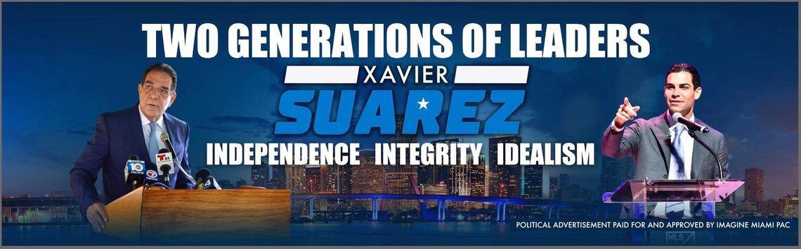 An ad by Xavier Suarez’s political committee featuring his son, Miami Mayor Francis Suarez, went up on Interstate 95 as Xavier Suarez ran to be Miami-Dade’s county mayor in 2020.