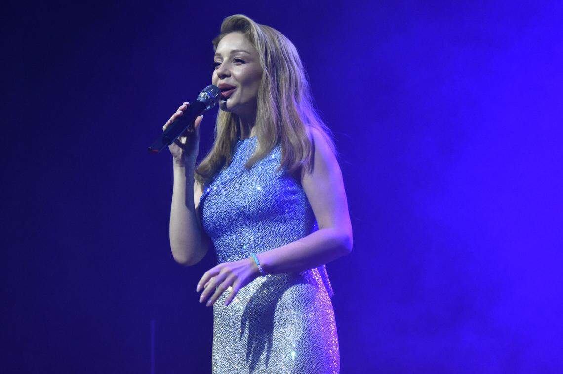 Tina Karol, a famous Ukrainian artist, sings during a charity concert at Sport of Kings in Gulfstream Park on Sunday, Oct. 9, 2022.