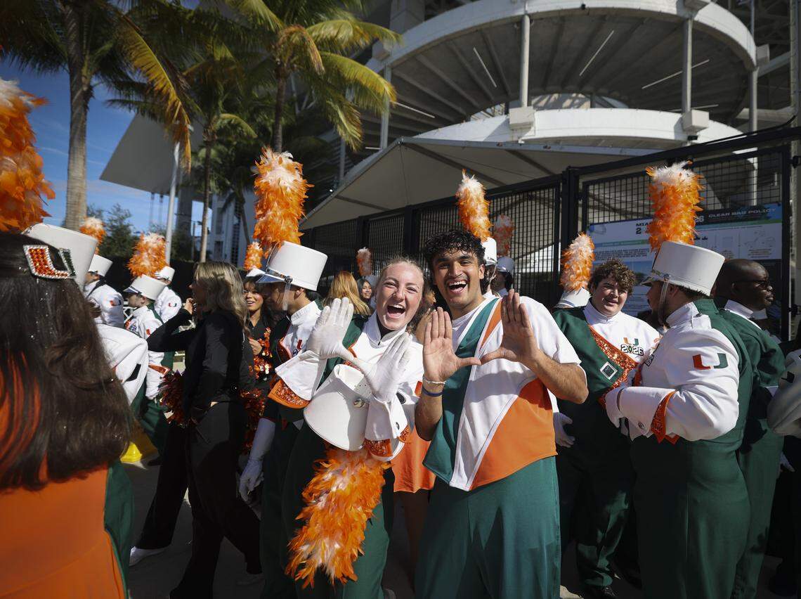 Miami Hurricanes marching band throws up the U before the College Football Playoff National Championship Game against the Indiana Hoosiers at Hard Rock Stadium on Monday, Jan. 19, 2026 in Miami Gardens, Fla.