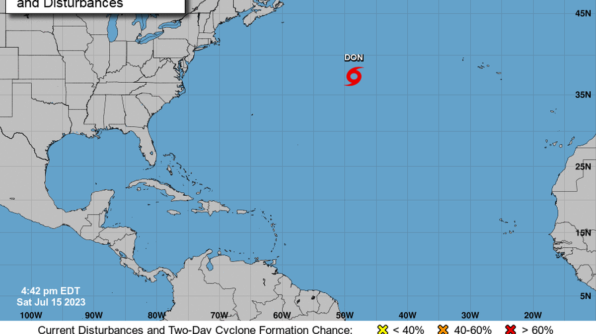 National Hurricane Center’s 5 p.m. Saturday, July 15, 2023, map shows the location of Subtropical Storm Don.