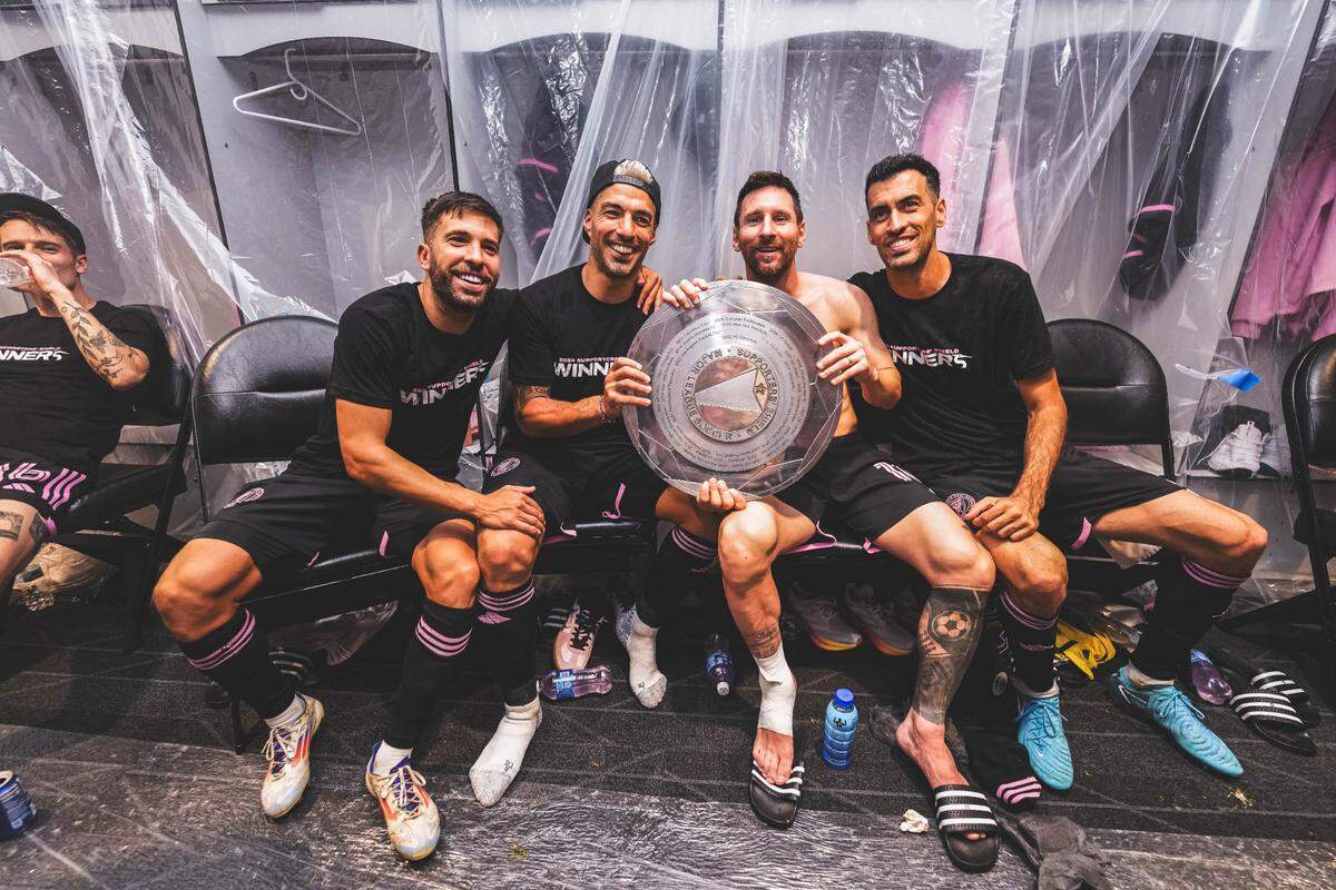 Former FC Barcelona teammates Jordi Alba, Luis Suarez, Lionel Messi, Sergio Busquets celebrate their first MLS Supporters’ Shield after Inter Miami defeated Columbus Crew 3-2 on the road Wednesday night.