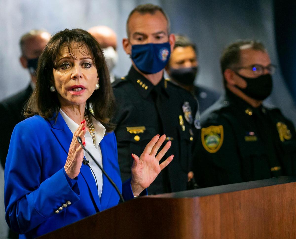 Miami-Dade State Attorney Katherine Fernandez Rundle speaks during a press conference at her offices in Miami, Florida, on Wednesday, Sept. 8, 2021. She announced three arrests in identity theft cases that targeted victims from the Champlain Towers South condominium collapse.