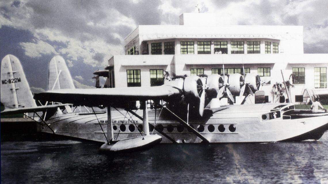A plane sits behind the Pan Am terminal at Dinner Key in the early years.