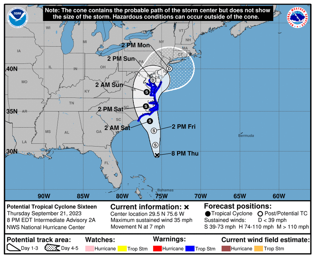 Details from the 8 p.m. Thursday, Sept. 21, 2023 National Hurricane Center advisory on a potential tropical storm.