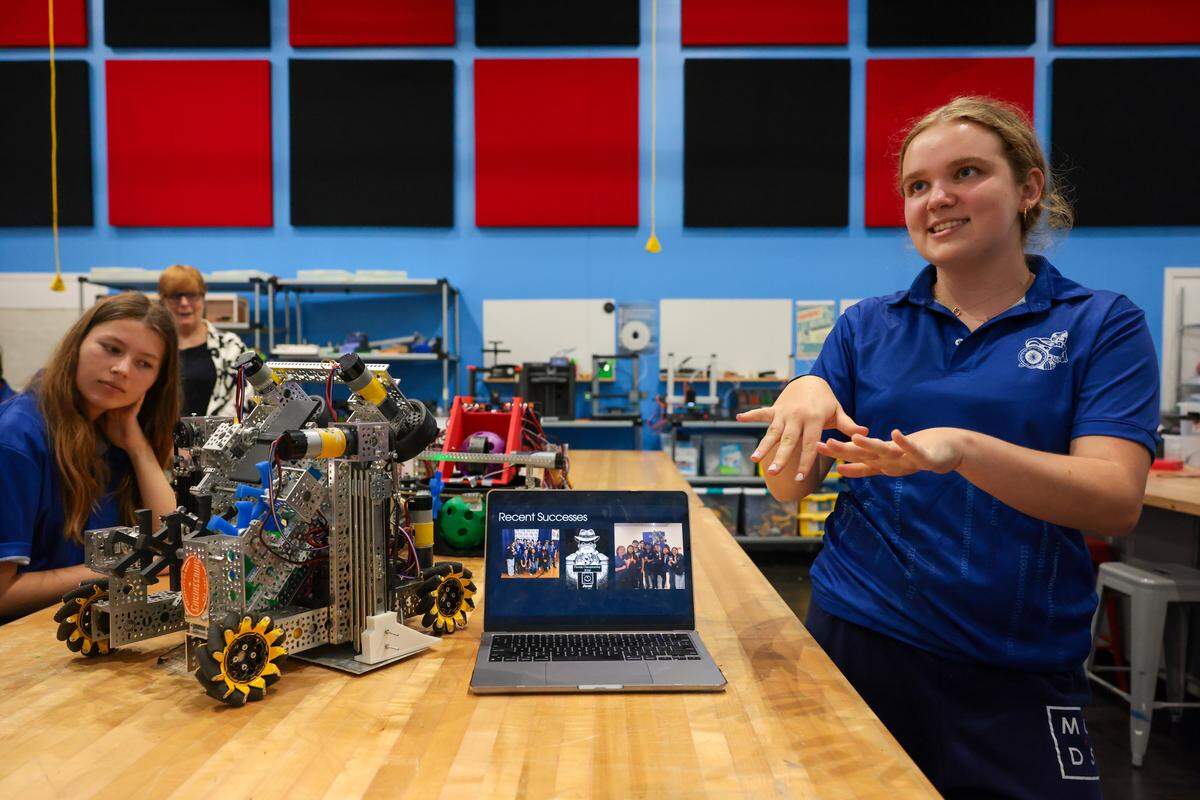 Cameron Schoch, a 12th grader and captain of the Cyber Spartans robotics team, discusses the robot the team will enter in the Florida state championship during a presentation at the Garner Center for Innovation at Miami Country Day School at 601 NE 107th St., on Monday, March 2, 2026, in Miami. Fla.