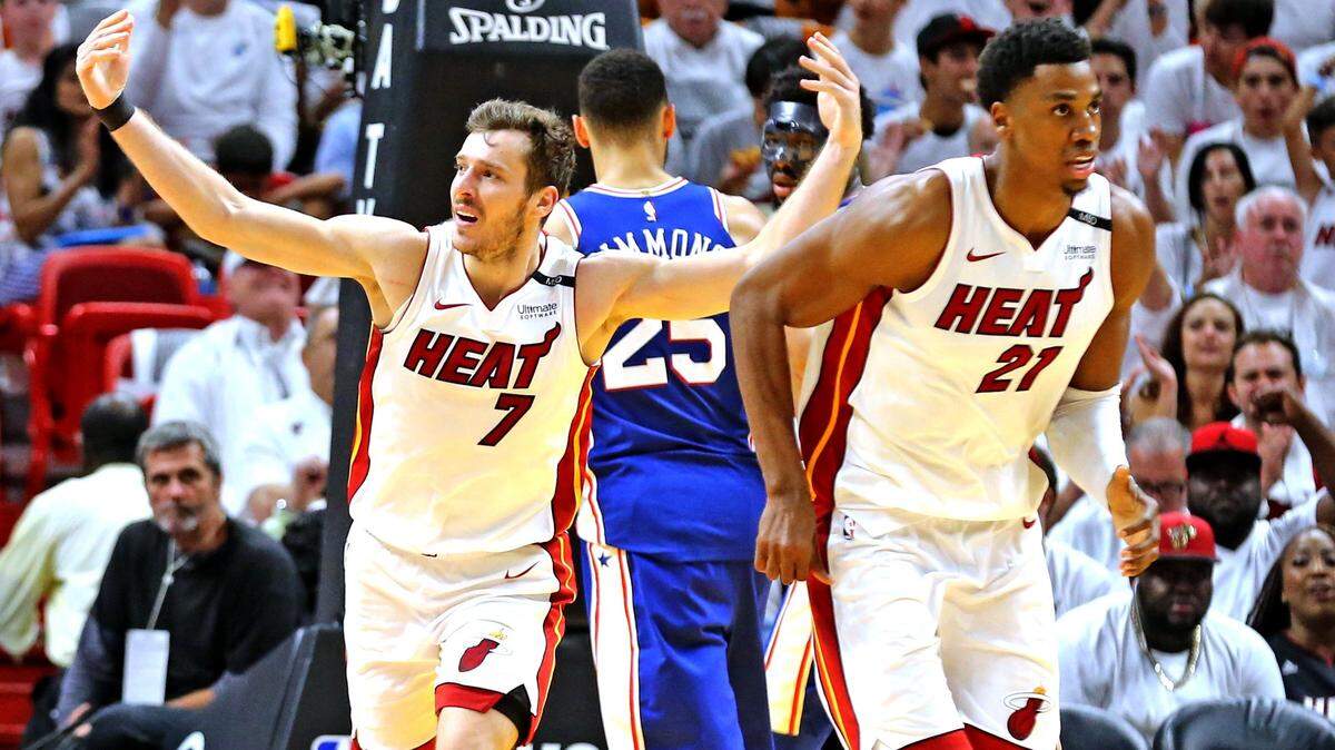 Miami Heat guard Goran Dragic celebrates a basket in Game 4 of the Heat's first-round playoff series against Philadelphia. Miami is among several teams that will be competing for homecourt advantage in the playoffs.
