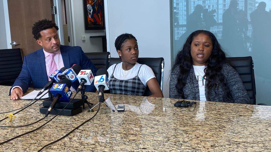 Nia Whims, her mother, Lezlie-Ann Davis, and Marwan Porter, their attorney, addressed the media Wednesday, February 16, 2022, in downtown Miami regarding the lawsuit they filed against Renaissance Charter at Pines, Meta and Instagram.