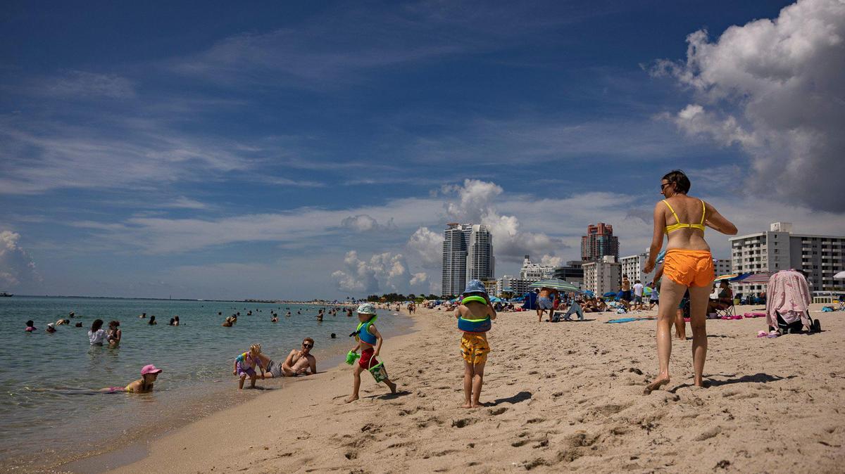 People enjoy a Miami Beach largely free of seaweed on Monday, the day before the Fourth of July. Scientists says blob floating toward Florida has decline dramatically, likely because of tropical storms and high winds.