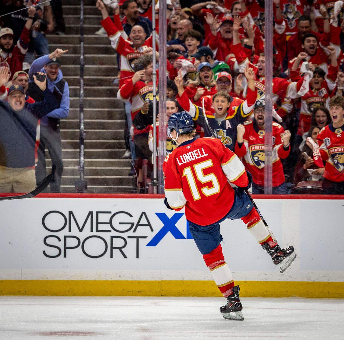 Florida Panthers center Anton Lundell (15) celebrates his goal to make the score 3-0 Panthers during the first period of Game 4 in the NHL Stanley Cup Final series at Amerant Bank Arena on Thursday, June 12, 2025, in Sunrise, Fla.