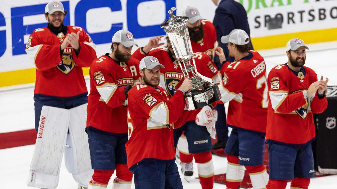 Florida Panthers center Aleksander Barkov (16) holds the Prince of Wales Trophy after defeating the Carolina Hurricanes 4 to 3 in Game 4 of the NHL Stanley Cup Eastern Conference finals series at the FLA Live Arena on Wednesday, May 24, 2023 in Sunrise, Fla.
