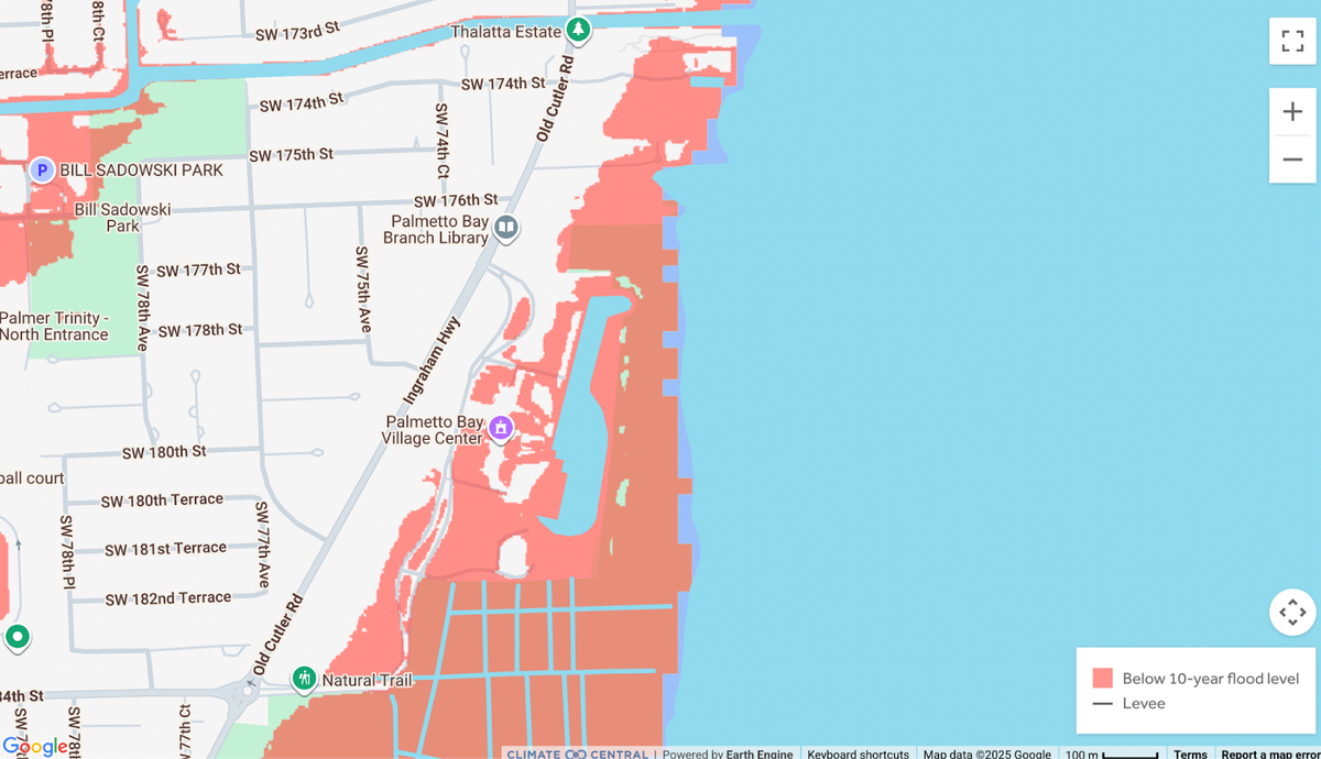 A map shows the location of the Palmetto Bay Village Center, built in the 1980s as Burger King’s corporate headquarters, in a flood zone on the edge of Biscayne Bay.