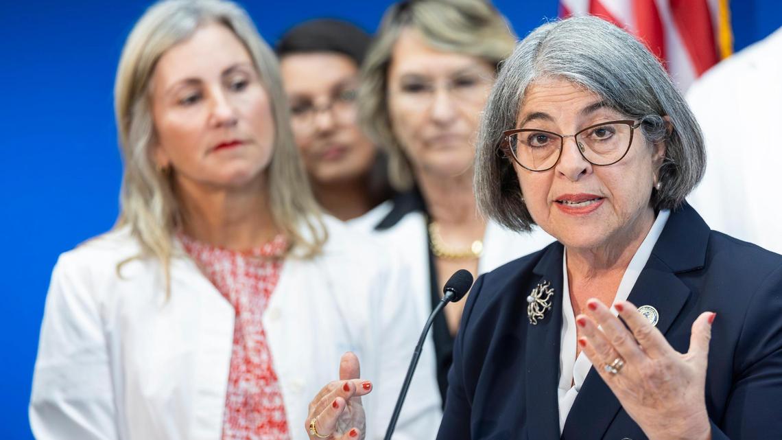Miami-Dade Mayor Daniella Levine Cava speaks during a press conference at the Stephen P. Clark Center on Friday, April 11, 2025, in downtown Miami. Levine Cava, who was flanked by dentists, announced she would veto legislation that would end the county’s practice of adding fluoride to drinking water.