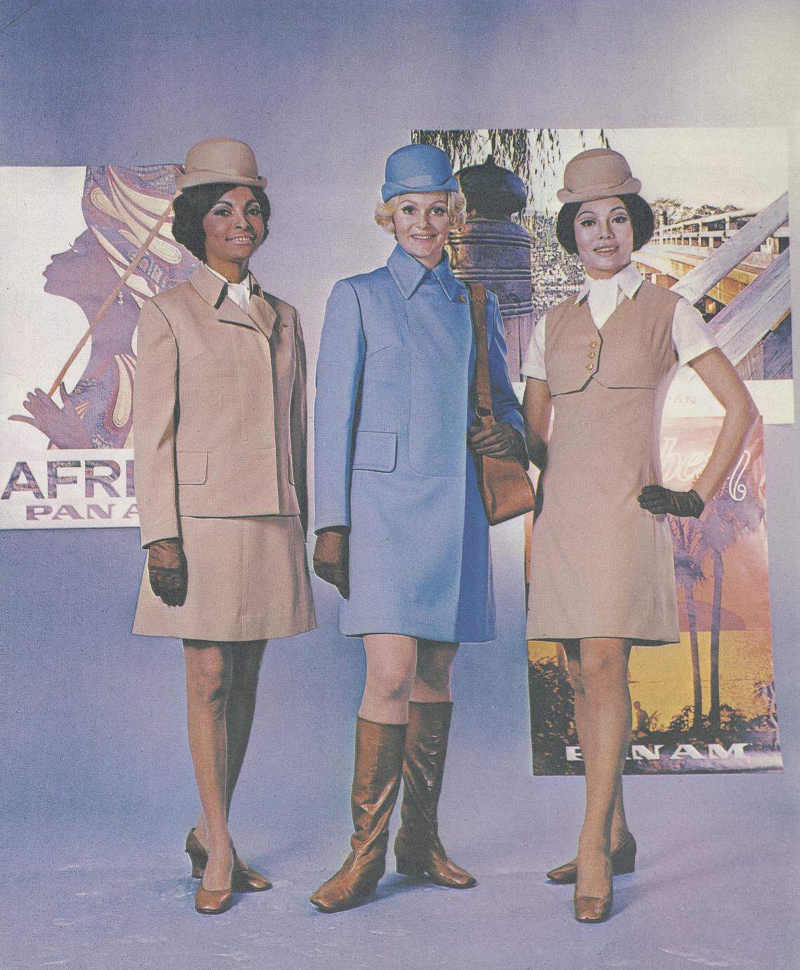 Stewardesses Yvonne Scherrer and Eva Jorgensen, and model Kalen Liu sport the beige jumper, Chesterfield-style coat, and blue skirt with matching jacket of the new PanAm 747 uniforms rolled out in 1969.