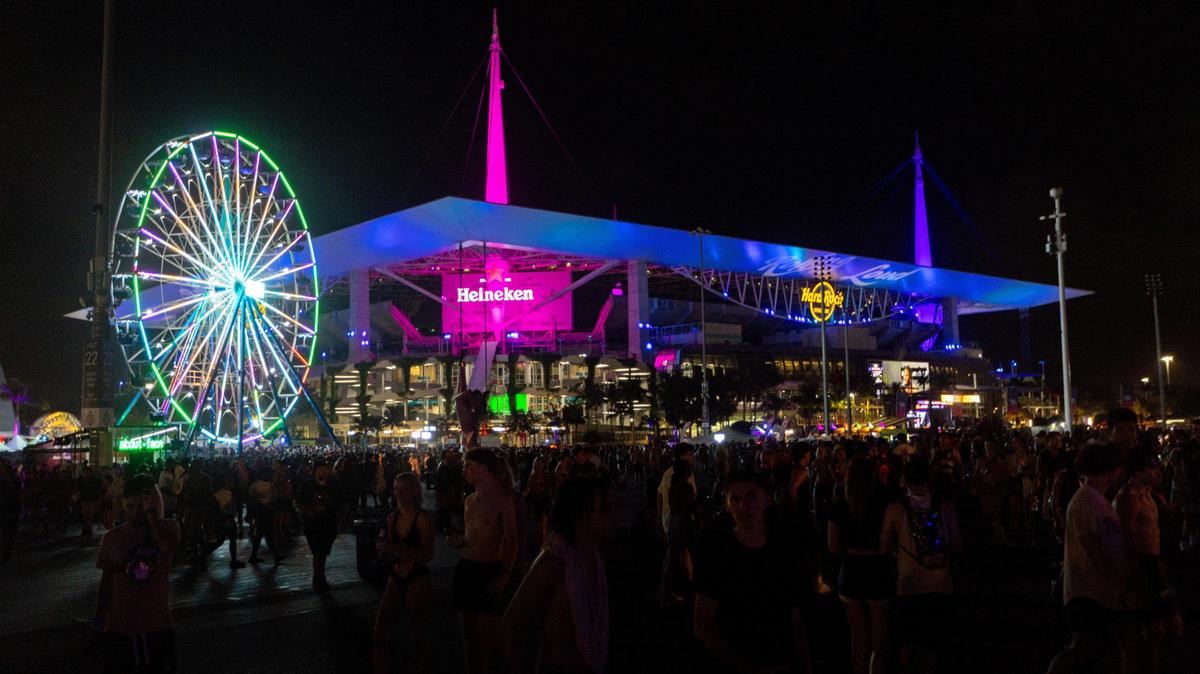 Attendees walk the festival grounds during day two of Rolling Loud Miami 2023 at Hard Rock Stadium in Miami Gardens, Florida, on Saturday, July 22, 2023.