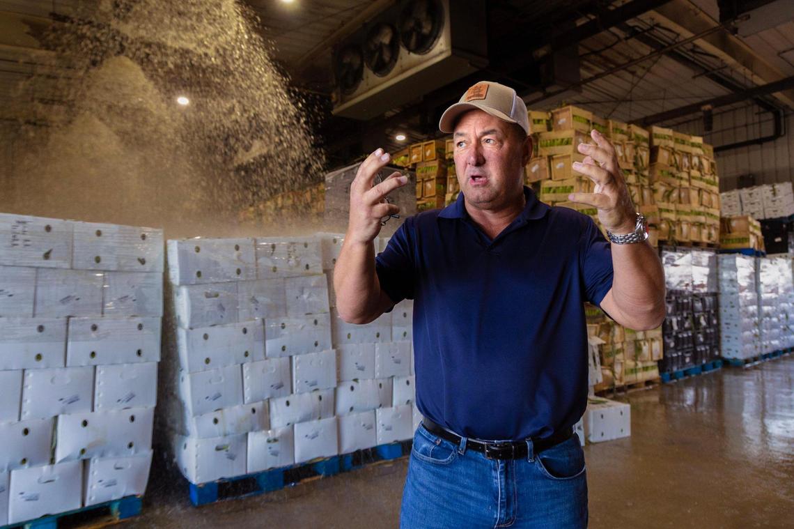 J.D. Poole, owner of Scotlynn Sweet-Pac Growers, discusses proposed cuts to the Local Food Purchase Assistance program in Belle Glade, Florida, on Friday, May 16, 2025. Using funds from the local food purchase initiative, Feeding South Florida buys roughly 1 million pounds of produce a year from Poole’s company.