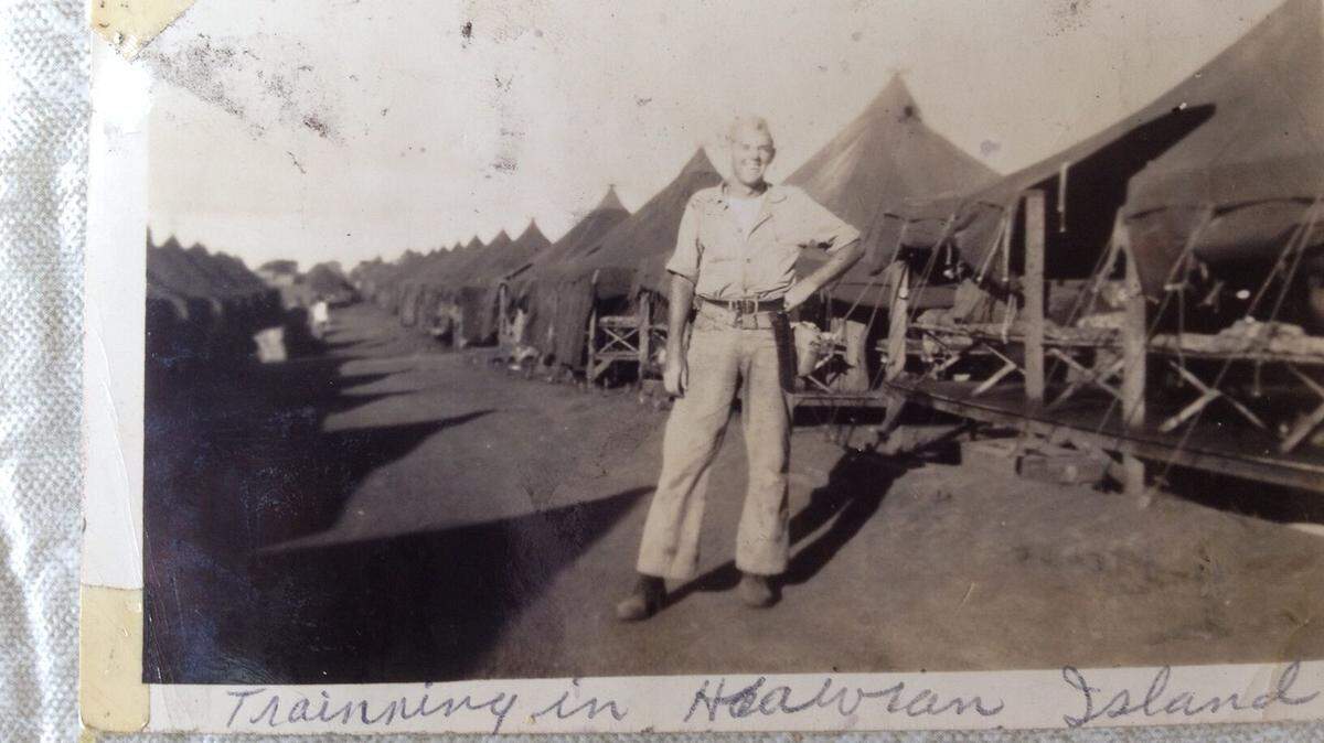 Marine Cpl. Howard Hinson at the U.S. Marine Corps training camp in the Hawaiian Islands about 1942.