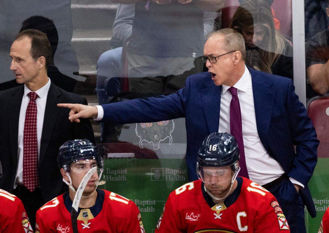 Florida Panthers Head Coach Paul Maurice talks to his players during the third period of Game 5 of Round 1 of the Stanley Cup Playoffs on Monday, April 29, 2024, at Amerant Bank Arena in Sunrise, Fla. The Florida Panthers won 6-1 and won the series.