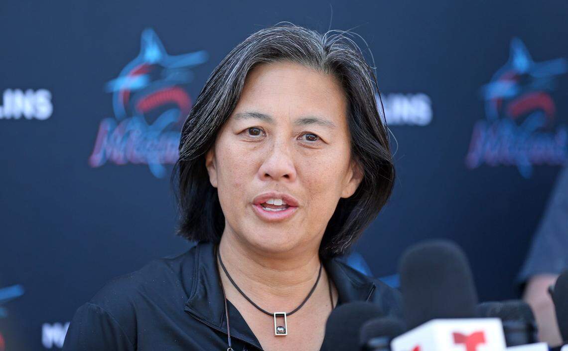 Miami Marlins general manager Kim Ng, speaks to the media before practice at Roger Dean Chevrolet Stadium in Jupiter, Florida on Tuesday, February 21, 2023.