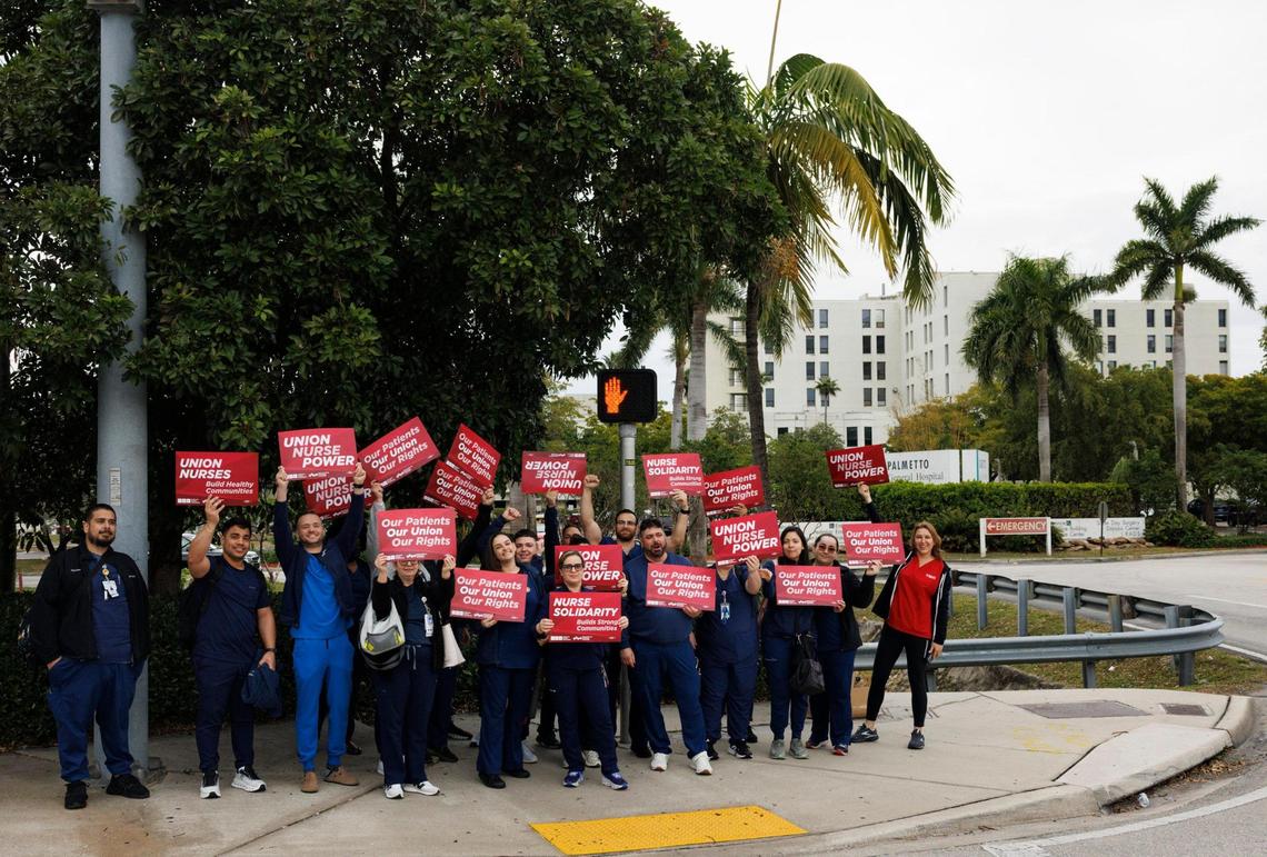 Nurses at Palmetto General Hospital, under the National Nurses United union, protest outside the hospital as part of a nationwide protest for better workplaces on Thursday, Jan. 16, 2025, in Hialeah, Fla. “We wanted to show our power as a unit as a way to stand up for patient safety [regarding] safe staffing levels and equipment,” said Lazaro Garcia, union representative for Palmetto.