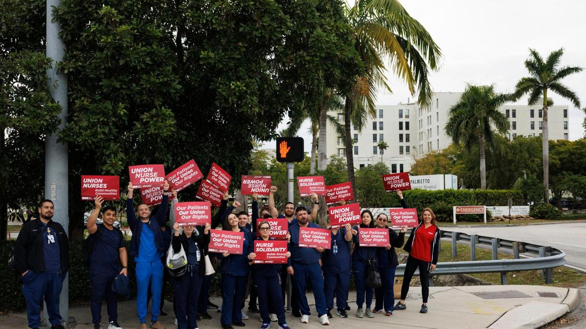 Registered nurses at Palmetto General Hospital, part of the National Nurses United union, protested outside the hospital as part of a nationwide protest for better workplaces on Thursday, Jan. 16, 2025, in Hialeah, Florida, as they prepared for contract negotiations with Healthcare Systems of America. 
