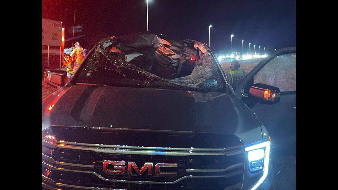 Three people were injured when an “unknown object” crashed into the windshield of pickup traveling south on I-95 in Florida, rescuers say.