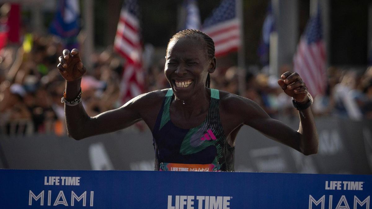 Leah Rotich, 34, finishes as the first woman to cross the finish line of the full marathon during the Life Time Miami Marathon and Half on Sunday, Jan. 28, 2024, finishing at Bayfront Park in downtown Miami.